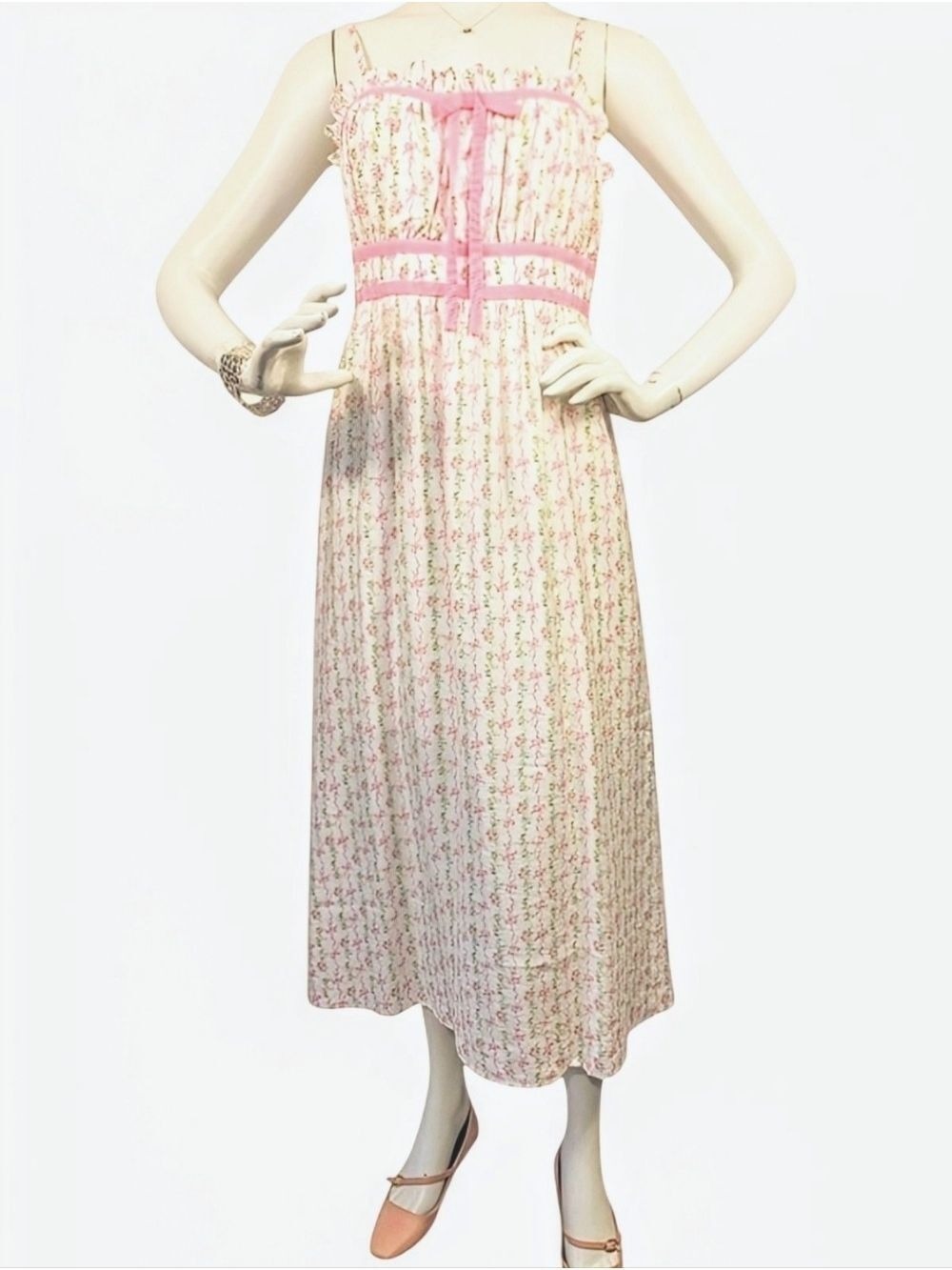 Blu Pepper Pink Floral Bow Midi Dress Smocked Coquette NWT Medium
